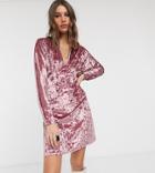 Asos Design Tall Long Sleeve Plunge Velvet Mini Dress-pink