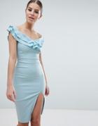 Vesper Sweetheart Plunge Midi Pencil Dress With Thigh Split - Blue