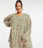 Asos Design Curve Button Through Mini Smock Dress With Long Sleeves In Green And Pink Floral