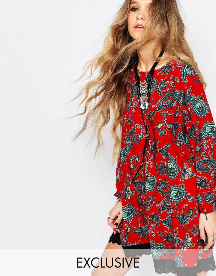 Reclaimed Vintage Long Sleeve Tunic Dress With Tie Back Detail In Red Floral - Red