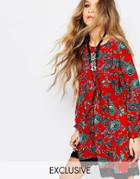 Reclaimed Vintage Long Sleeve Tunic Dress With Tie Back Detail In Red Floral - Red
