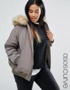 Asos Curve Bomber Jacket With Faux Fur Hood - Green