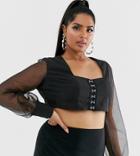 Katchme Plus Sheer Sleeve Crop Top With Hardware Detail In Black - Black