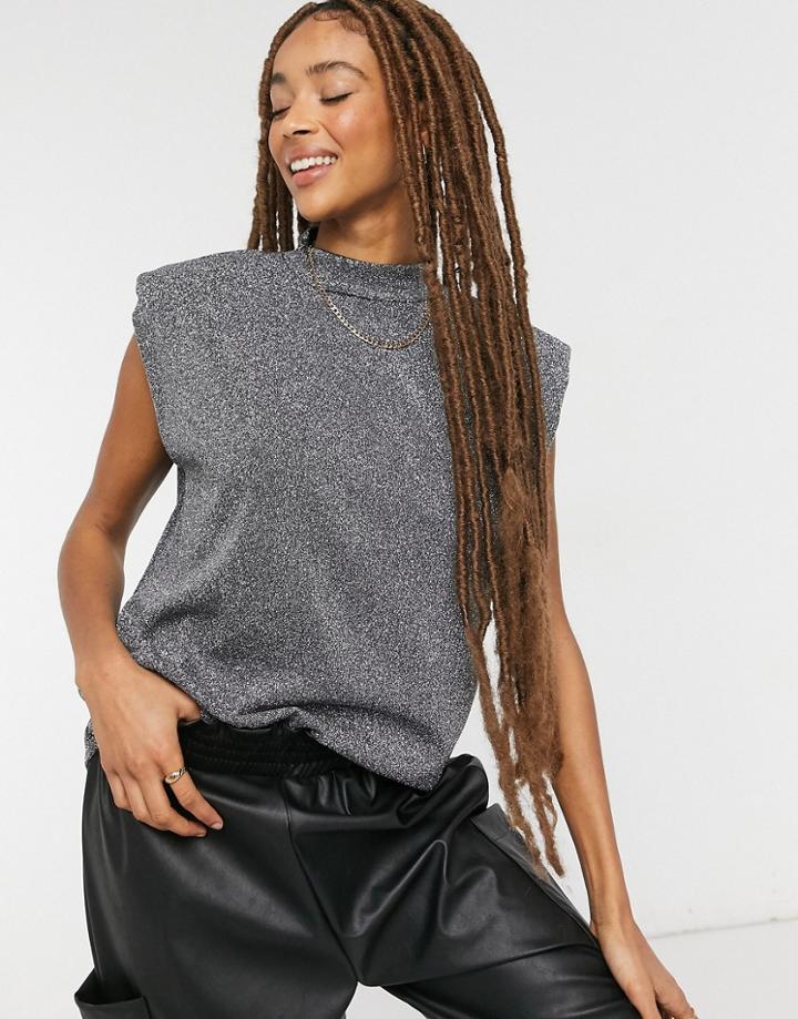 Only Tank With Padded Shoulders And High Neck In Sparkle Gray-grey