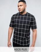 Asos Plus Longline T-shirt With All Over Print Grid Check In Skater Fit - Black