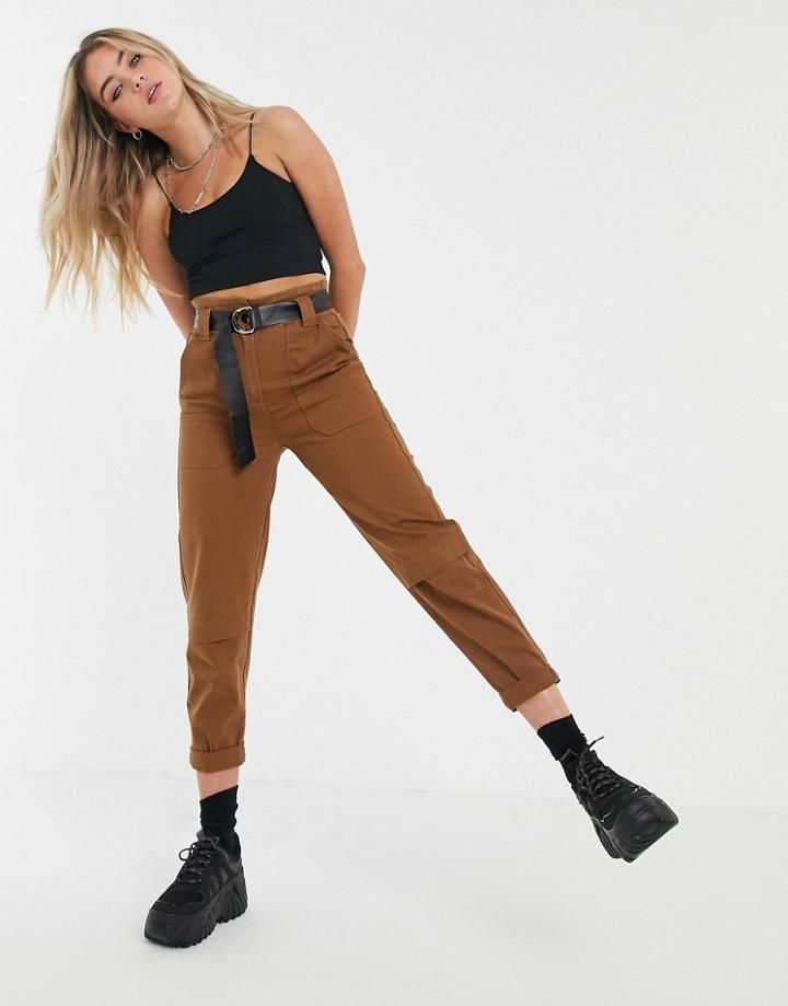 Bershka Belted Pants In Brown