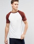 Asos T-shirt With Contrast Raglan Sleeves In Off White/chestnut