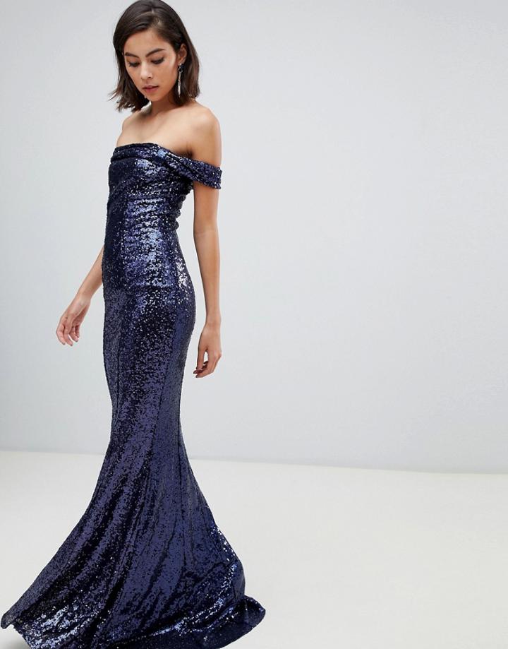 City Goddess Bardot Sequin Maxi Dress With Bow Detail-navy
