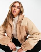 Missguided Zip Through Nylon Sherpa Mix Bomber Jacket In Camel-neutral