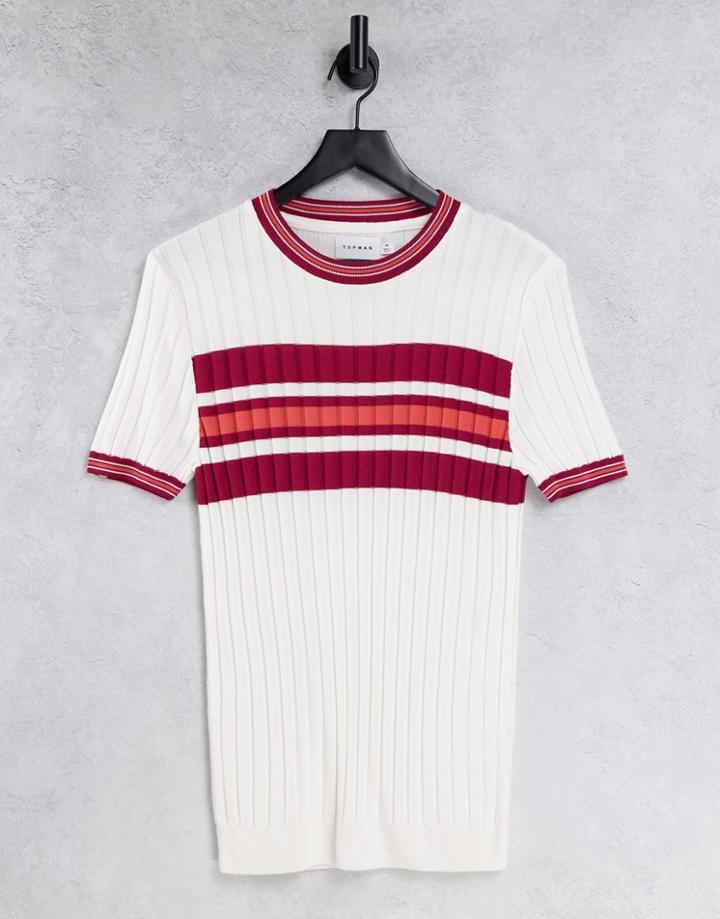 Topman Ribbed Color Block Knitted T-shirt In White