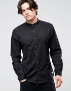 Esprit Grandad Shirt In Slim Fit With Contrast Turnup Sleeves - Black