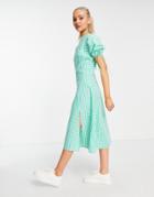 Influence Midi Dress With Tie Sleeves In Green Gingham