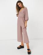 Asos Design Wrap Textured Jumpsuit In Taupe-pink