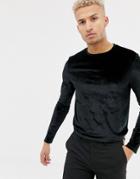 Asos Design Longline Long Sleeve T-shirt In Velour With Curved Hem In Black - Black