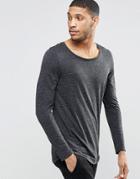 Asos Linen Mix Longline Long Sleeve T-shirt With Scoop Neck And Curve Hem - Black