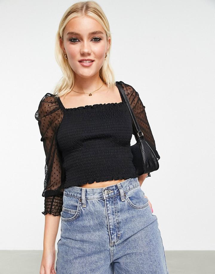 Miss Selfridge Long Sleeve Textured Mesh Shirred Top In Black