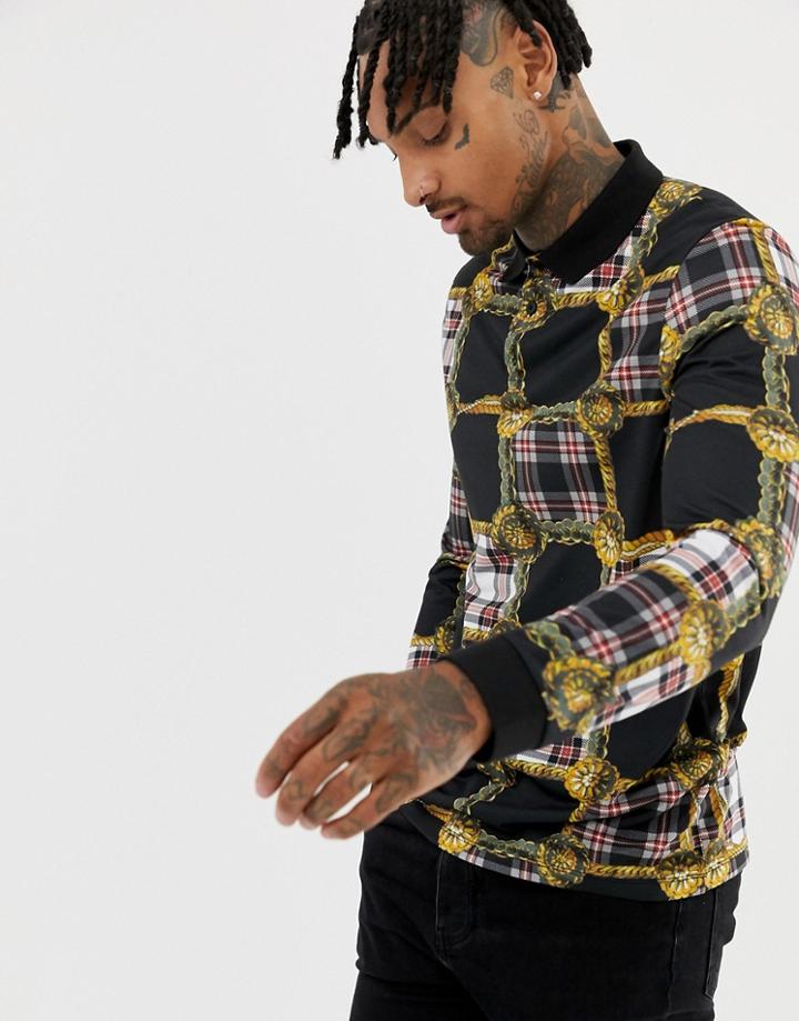 Asos Design Long Sleeve Polo With All Over Check Panel Print - Black