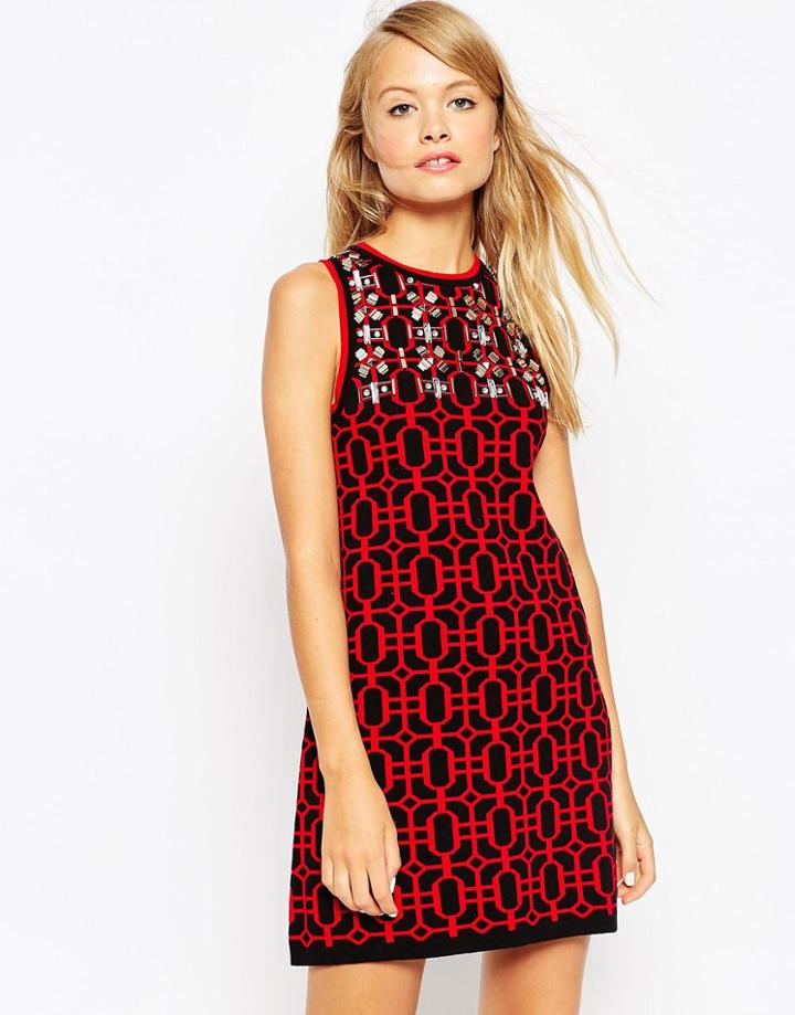 Asos Shift Dress In Geo Pattern With Embellishment In Knit