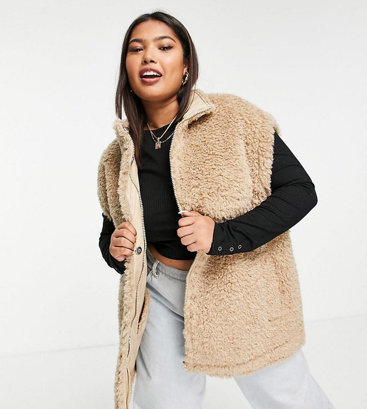 Asos Design Curve Oversized Sherpa Vest In Camel-neutral