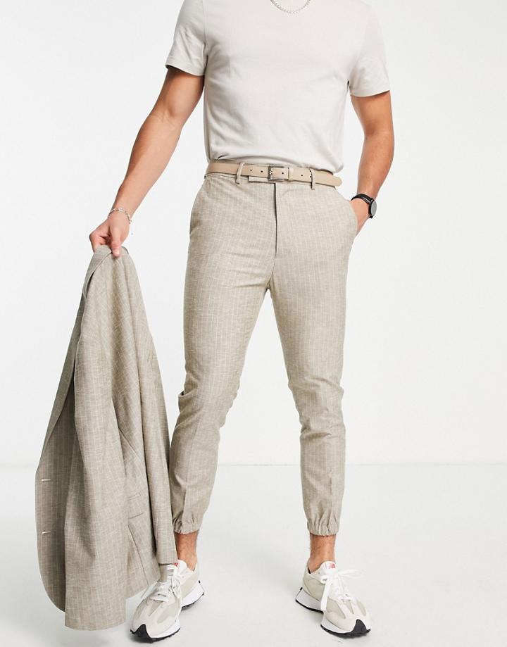 Asos Design Tapered Suit Pants In Stone Stripe With Jogger Cuff-neutral