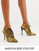 Asos Design Proud Lace Up High Heeled Shoe Boots In Yellow Snake