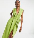 Asos Design Tall Collar Wrap Skater Midi Dress With Belt In Olive-neutral