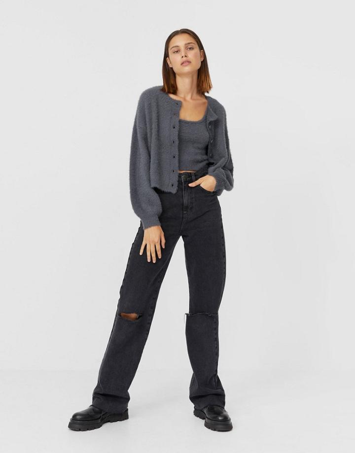Stradivarius Fluffy Knit Cardigan Co-ord In Gray-grey
