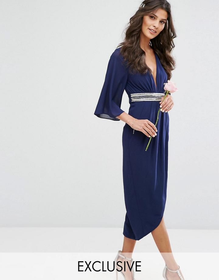 Tfnc Wedding Kimono Sleeve Midi Dress With Wrap Skirt - Navy