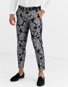 Tux Til Dawn Slim Fit Metallic Floral Cropped Piped Pants-black