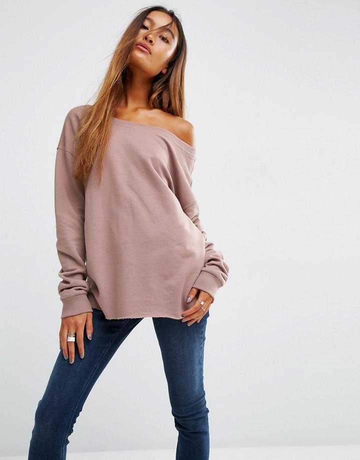 Asos Sweatshirt In Off Shoulder Boxy Fit - Pink