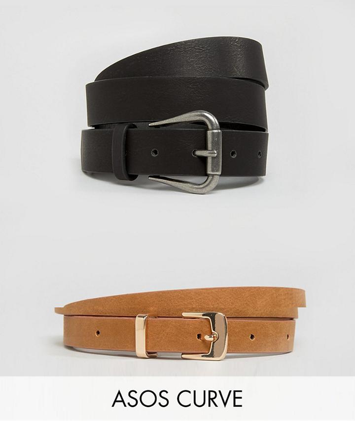 Asos Design Curve Vegan 2 Pack Jeans Belt And Skinny Belt - Multi