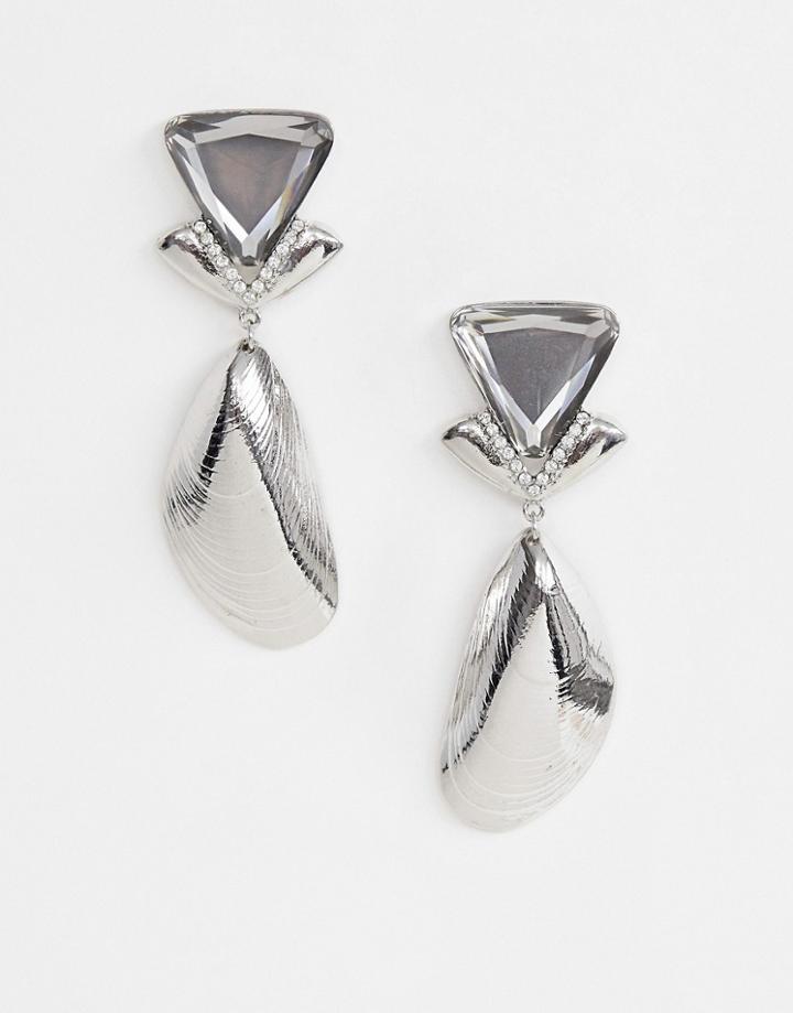 Asos Design Earrings With Jewel Stud And Metal Shell In Silver - Silver