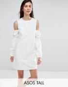 Asos Tall Denim Shift Dress In White With Puff Sleeve And Cold Shoulder - White