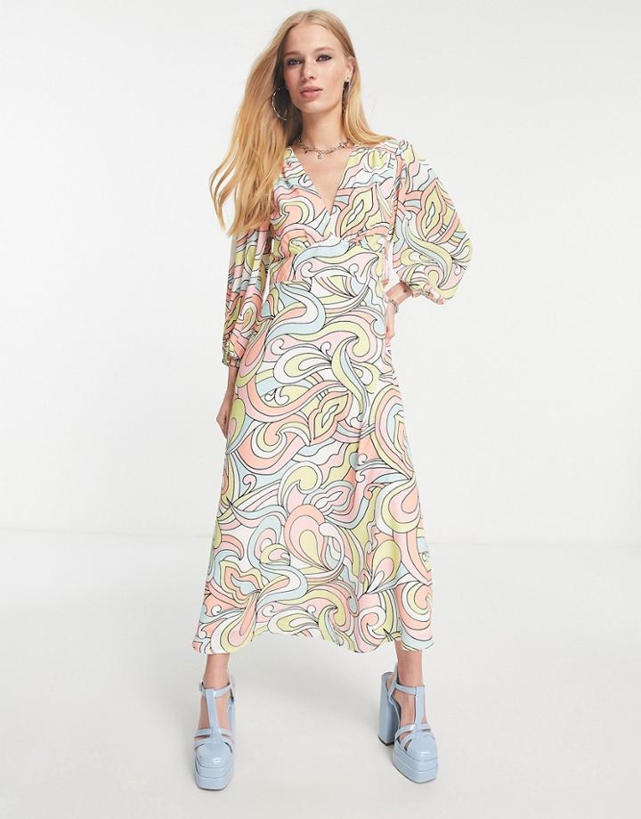 Twisted Wunder Balloon Sleeve Midi Dress In Pastel Swirl Print-multi