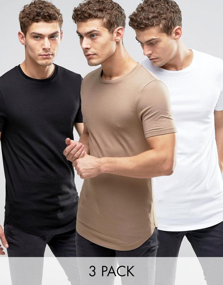 Asos 3 Pack Longline Muscle T-shirt With Curved Hem In White/black/beige - Multi