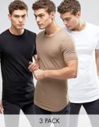 Asos 3 Pack Longline Muscle T-shirt With Curved Hem In White/black/beige - Multi