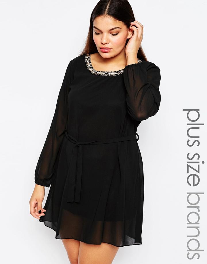 Club L Plus Necklace Trim Dress With Split Sleeves - Black