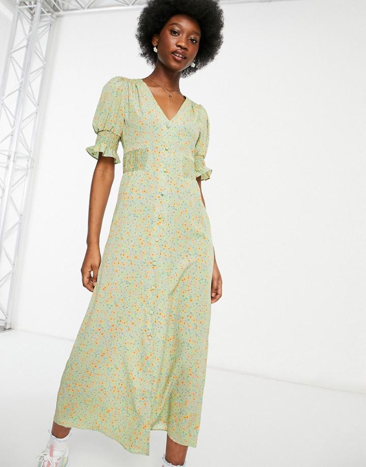 Asos Design Button Through Midi Tea Dress With Shirred Sides In Sage Floral-multi