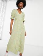 Asos Design Button Through Midi Tea Dress With Shirred Sides In Sage Floral-multi