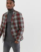 Asos Design Slim Blazer In Gray With Plaid Check - Gray