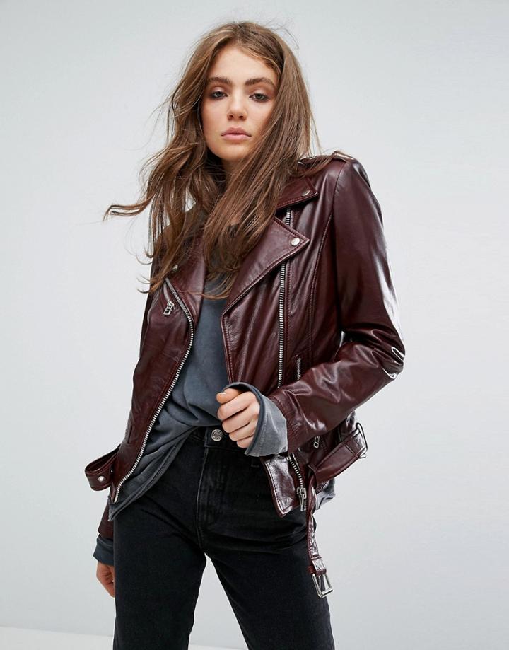 Goosecraft Leather Biker Jacket With Buckle Detail - Red