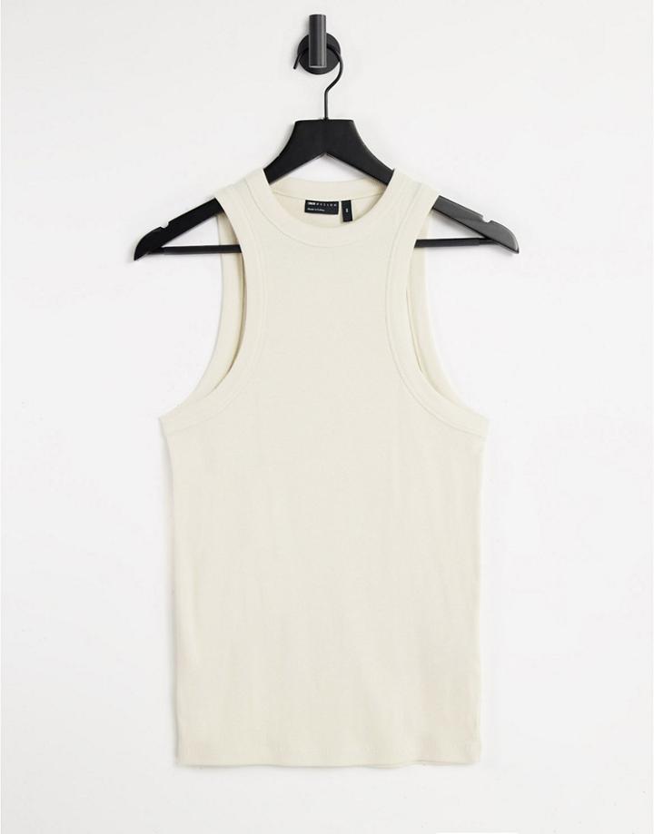 Asos Design Muscle Fit Rib Tank With Racer Neck In Beige-neutral