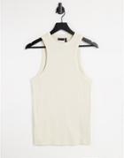 Asos Design Muscle Fit Rib Tank With Racer Neck In Beige-neutral