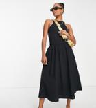 Asos Design Petite Racer Front Drop Waist Poplin Mix Midi Dress In Black