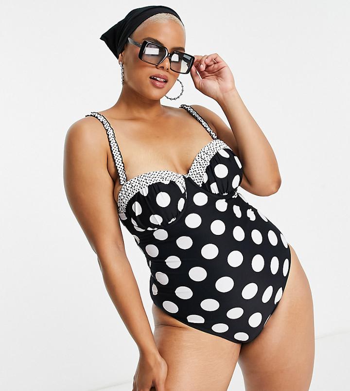 Simply Be Underwired Swimsuit In Polka Dot-multi