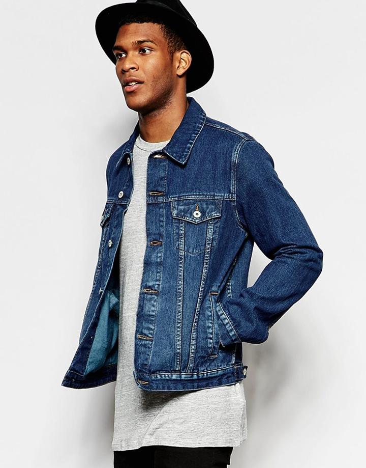 Asos Slim Fit Mid Wash Denim Jacket - Blue