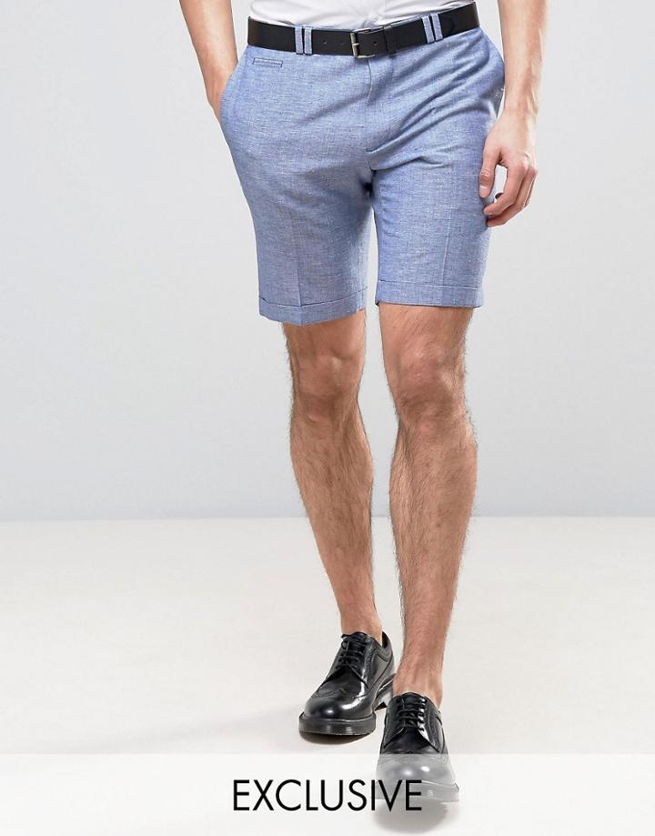 Noak Skinny Wedding Smart Shorts In Linen Nepp - Blue