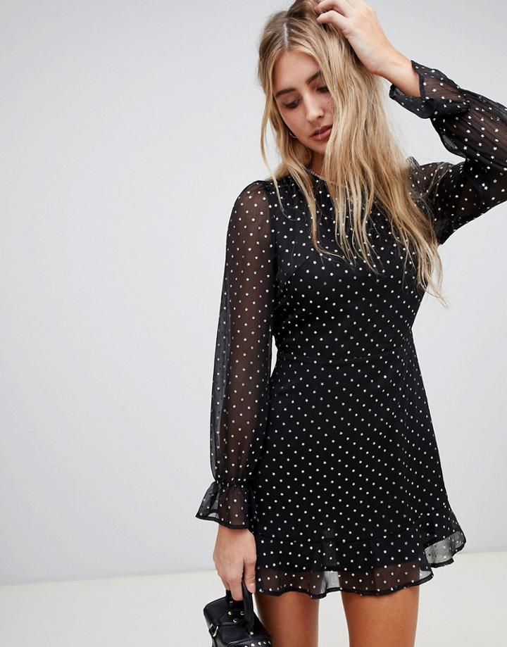 Wild Honey Tea Dress With Metallic Spot Mesh Sleeves - Black
