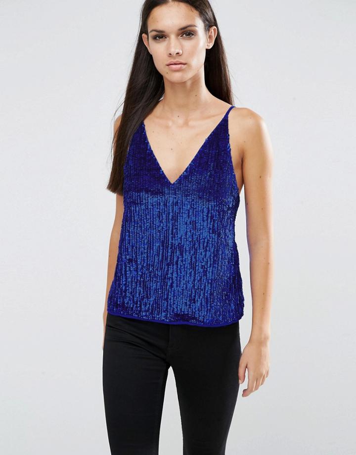 Asos Deep Plunge Cami Top In Sequin - Blue