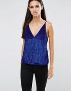 Asos Deep Plunge Cami Top In Sequin - Blue